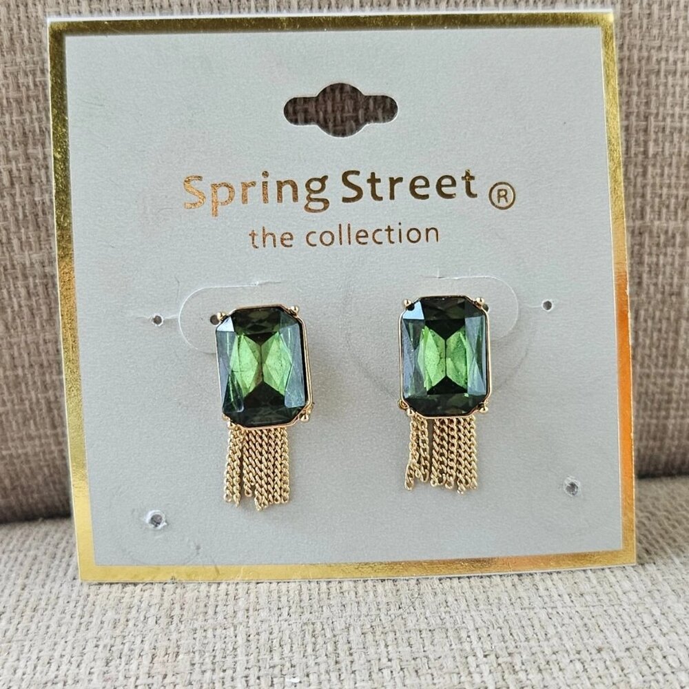 Spring Street The Collection Earrings Green Faux Stone Gold Tone Tassel Earrings